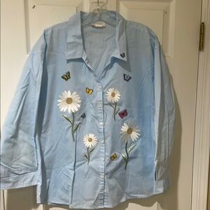 Embroidered Blue Shirt with Floral and Butterfly Design
